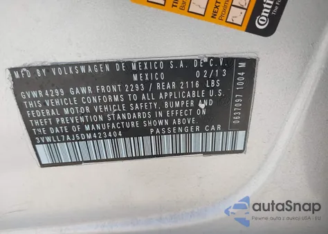 2013 Volkswagen Jetta 2.0L Tdi из США, поврежденный, VIN 3VWLL7AJ5DM423404